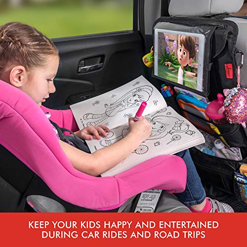 Lusso Gear Kids Travel Tray (Black) + Heavy Duty Car Seat Organizer (Black), Extra Large for Protection, Sag Proof & Reinforced Corners, Protects iPad & Backseat, 12 Versatile Car Seat Organizer Stora