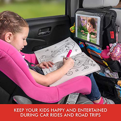 Lusso Gear Kids Travel Tray (Black) + Heavy Duty Car Seat Organizer (Black), Extra Large for Protection, Sag Proof & Reinforced Corners, Protects iPad & Backseat, 12 Versatile Car Seat Organizer Stora