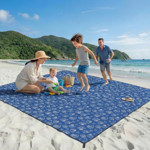 OIGAE Beach Blanket Waterproof Sandproof Oversized Beach Mat - color: Blue Sea Shells, size: 7x8 Ft (2～5 person)