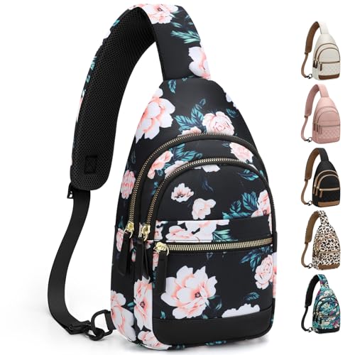 Capolo Crossbody Bags for Women Waterproof Sling Shoulder Bag Fanny Pack - color: Black Flower, size: Medium