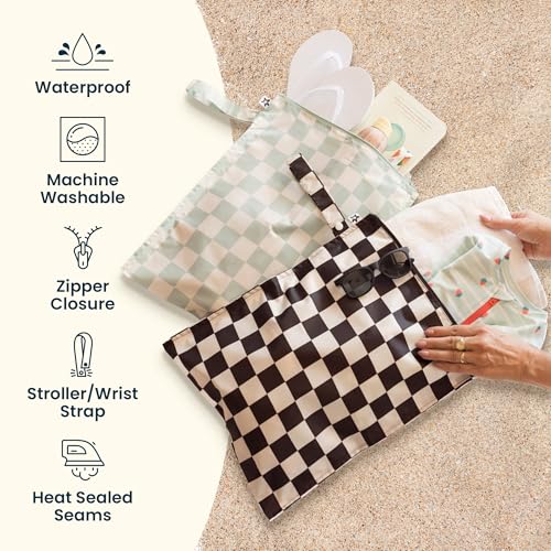 Tiny Twinkle Mess Proof Wet Bags | 2-Pack Reusable Waterproof Wet Bags for Swimsuits | Baby Clothes | Travel & Diaper Bag (Black, Green Checkers) - color: Black, Green Checkers, size: 2 Pack