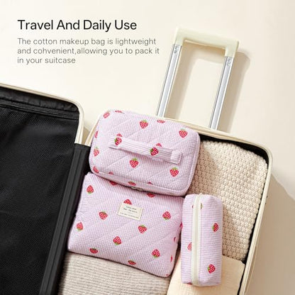 HBselect Quilted Makeup Bag, 3Pcs Cotton Large Travel Makeup Bags Organizer - color: A-3PCS-Floral 47