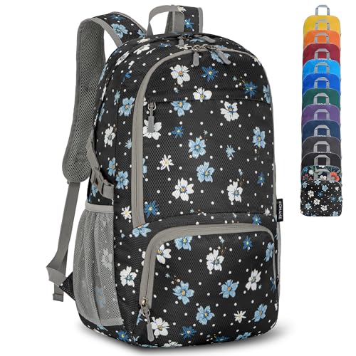 ZOMAKE Lightweight Packable Backpack 30L, Foldable Travel Hiking Daypack - color: D-black,floral Pattern