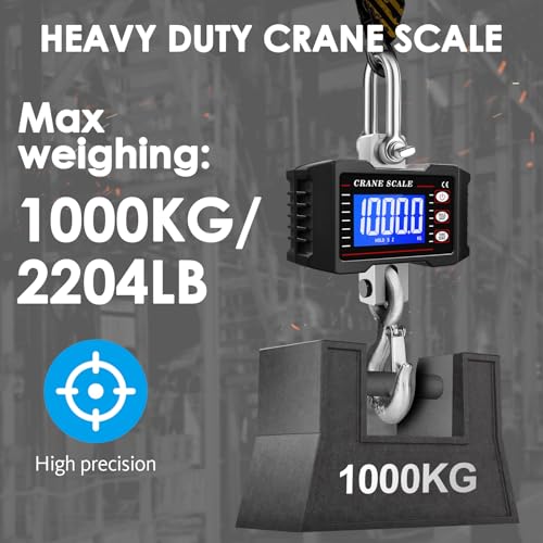 2200lb/1000kg Digital Crane Scale, Heavy Duty Industrial Hanging Scale with Backlit LCD, Tare, Data Hold and Unit Switch for Factory, Construction, Farm