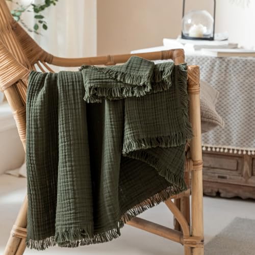 Muslin Fringe Blankets for Adults: 100% Cotton Cloud Soft - color: Olive Green, size: Twin XL (66" × 90")