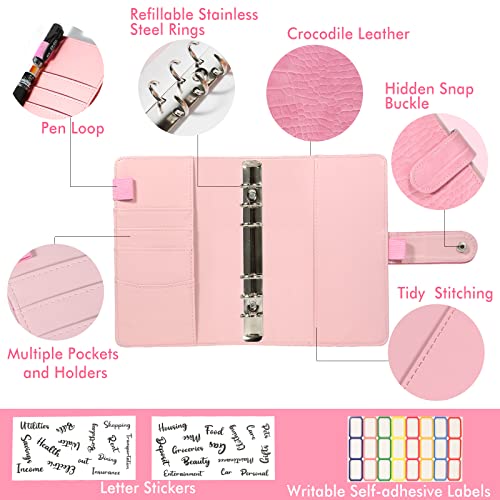 Budget Binder with Zipper Envelopes - Crocodile Pattern Leather Money Organizer, Cash Saving Book Budgeting Planner, Cash Stuffing Folder Envelope System, A6 Bill Binders with Pockets, Pink - color: Crocodile - Pink, size: A6 Kit