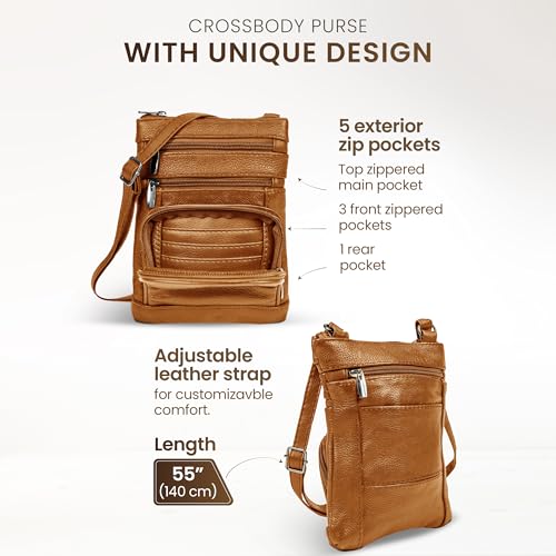Krediz leather Crossbody Purses for Women, Multi Pocket Crossbody Purse with Adjustable Strap, Soft & Durable Leather Purse - color: Light Brown, size: Standard