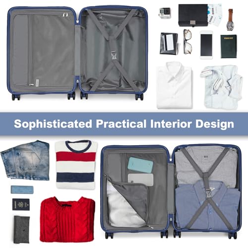 Kono 3 Piece Expandable Luggage Set with Spinner Wheels Hardshell, Navy - color: Navy, size: 3 Piece Set (20"/24"/28")