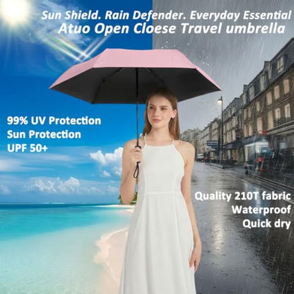 BAODINI Compact Travel Umbrella Small Windproof Auto Open Close for UV Sun Protection UPF 50+ and Rain Fits Backpack Purse & Suitcase - color: Pink
