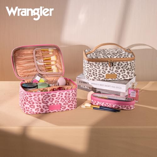 Wrangler Travel Makeup Bag 2pcs Set Cosmetic Bag with Makeup Brush Holder - color: Leopard-Pink
