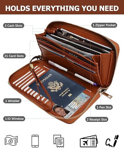 Large Wallet for Women, Clutch Wallet with Passport Holder - color: Brown Cow