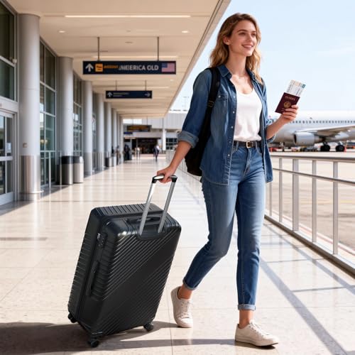 24 Inch Checked Luggage - Expandable Hardside Suitcases with 360° Spinner Wheels, TSA Lock, Airline-Approved Durable ABS Hardshell for Lightweight Travel & Business - color: Black, size: 24 IN