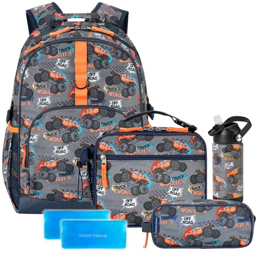 Choco Mocha Dinosaur Backpack Set Kids Backpacks for Boys, Boys Backpack with Lunch Box & Water Bottle, Elementary School Bookbag Age 6-8 17 Inch, Blue - color: Truck Orange