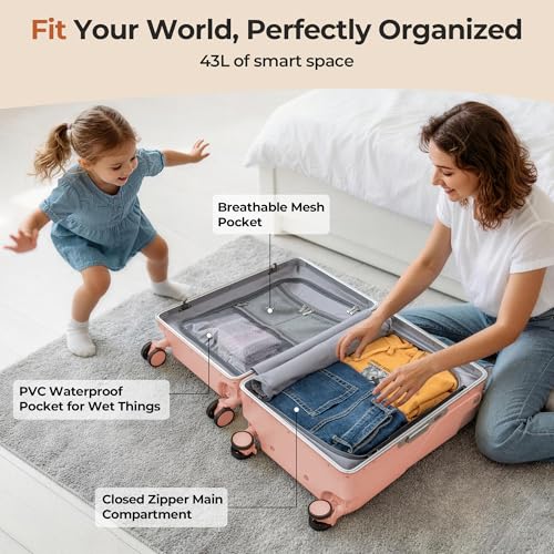 20" Ride-On Luggage with Child Seat, Hardside Carry-On Suitcase with Shockproof 360° Silent Spinner Wheels, TSA Lock, Kids & Adults & Busy Moms - color: Pink