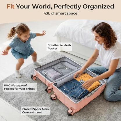 20" Ride-On Luggage with Child Seat, Hardside Carry-On Suitcase with Shockproof 360° Silent Spinner Wheels, TSA Lock, Kids & Adults & Busy Moms - color: Pink