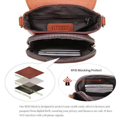 HESHE Small Leather Crossbody Bag for Women RFID Phone Purse with Card Slot - color: Brown