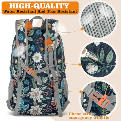 ZOMAKE Lightweight Packable Backpack 30L, Foldable Travel Hiking Daypack - color: D-navy Blue,floral Pattern