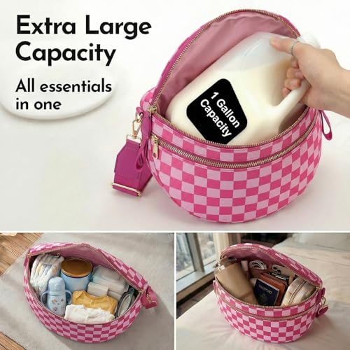 Checkerboard Crossbody Bag for Women, Expandable Plaid Belt Bag Nylon Fanny Pack with Multiple Pockets - color: Hot Pink Checkered