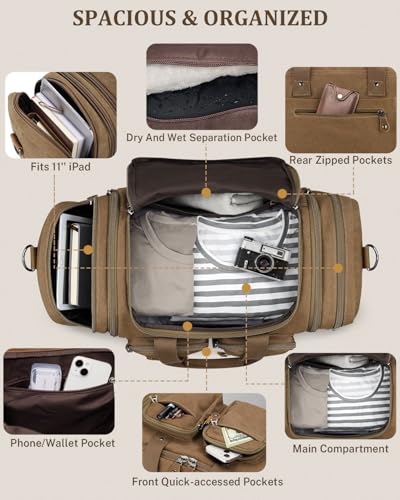 Gonex Duffle Bag for Travel, Expandable 50L Overnight Weekender Gym Bag - color: Coffee, size: Large-50L