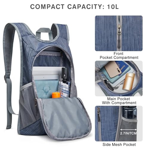 G4Free 10L Hiking Backpack Small Travel Hiking Daypack Lightweight Packable Backpack Casual Foldable Shoulder Bag - color: Dark Blue