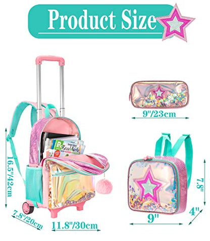 Meetbelify Girls Rolling Backpack Sequin Rolling Backpacks with Wheels for Girls for Elementary School Bag - color: Pink Star