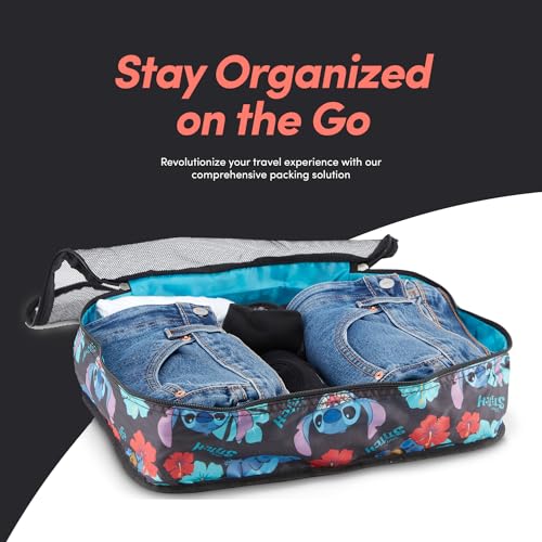 Disney Packing Cubes for Travel – 5 Piece Compression Set, Mickey Minnie Stitch Pooh Luggage Organizer Bags - color: Black Stitch