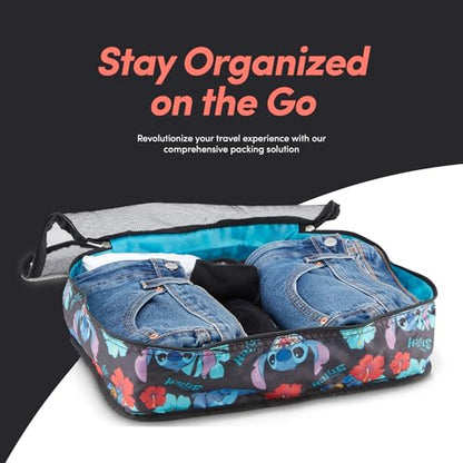 Disney Packing Cubes for Travel – 5 Piece Compression Set, Mickey Minnie Stitch Pooh Luggage Organizer Bags - color: Black Stitch