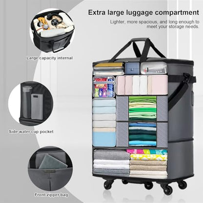 Large Capacity Rolling Duffle Bag,Expandable Foldable Suitcase for Travel,Collapsible Luggage Duffel Overnight Weekend Bags without Telescoping Handle - color: Grey