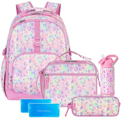 Choco Mocha Cheetah Backpack Set Kids Backpacks for Girls, Girls Backpack with Lunch Box & Water Bottle, Elementary School Bookbag Age 6-8 17 Inch, Laser Pink - color: Cheetah Pink Purple