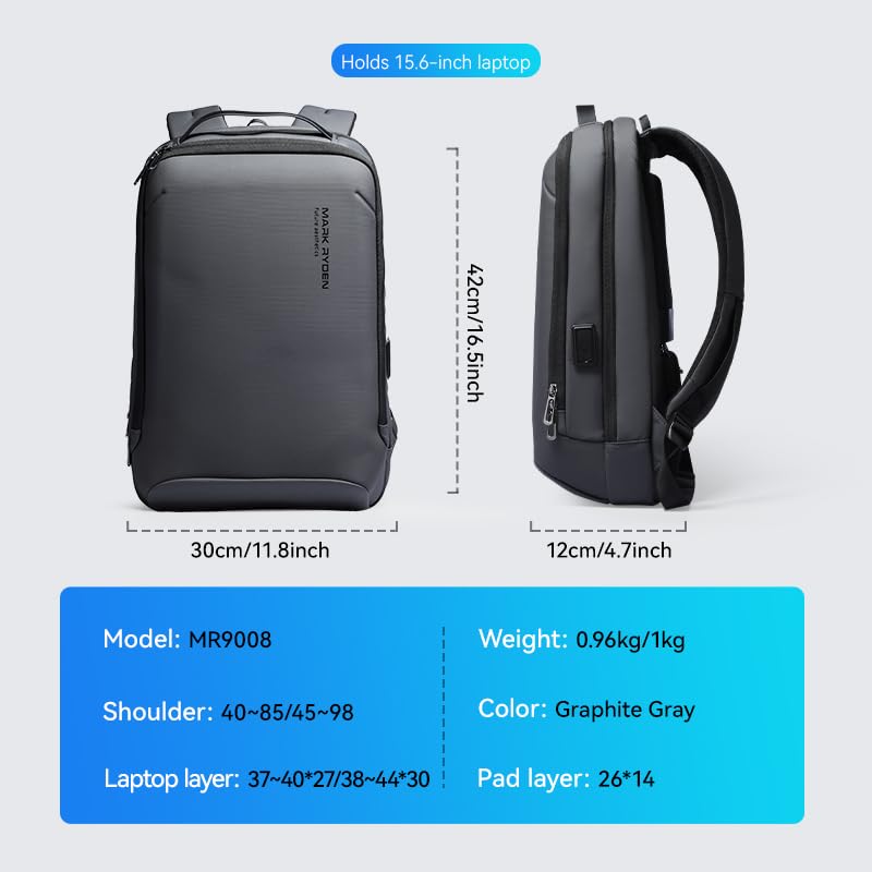 MARK RYDEN Slim Laptop Backpack for Men, 15.6 Inch Tech Backpack - color: Graphite Gray, size: 20L - 15.6" Laptop