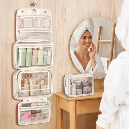 PACKISM Hanging Travel Toiletry Bag - with Clear Makeup Bag, Large Beige
