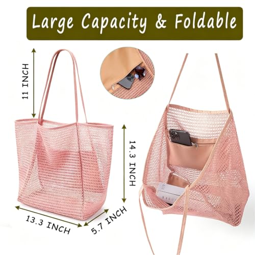 Large Beach Bags for Women, Mesh Beach Tote with Zipper, Foldable Pool Tote Bag Travel Beachbag Waterproof Sandproof - color: Pink