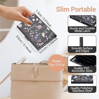 BONSYL® Metal Credit Card Holder Wallet, Ultra Thin RFID Blocking Credit Card Wallet with 6 Slots for Men and Women.(6 Card/Black/Flower) - color: 6 Card/Black/Flower