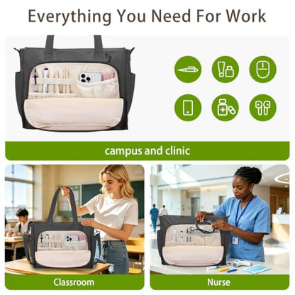 oscaurt Work Tote Bag for Women, 18 Pocket Laptop Tote, 15.6" Compartment - color: Dark Grey