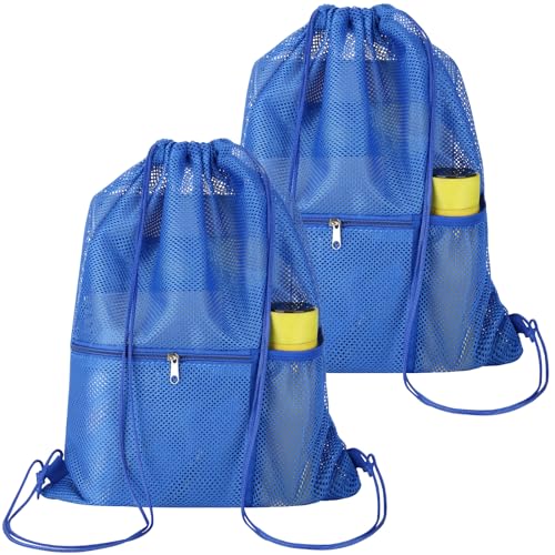 NATURAL STYLE 2 PACK Mesh Drawstring Backpack Bag, Multifunction Mesh Bag for Swimming, Athletic Gym, Clothes, Beach, Swim (Blue) - color: Blue