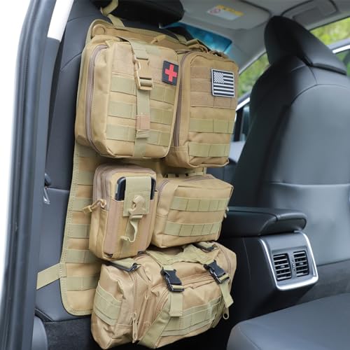 tactical car seat back organizer and storage truck seat covers with a Molle Vehicle Panel and 5 Different Size Molle Pouches for most models such as Jeep,SUV,Pickup(Khaki) - color: Khaki