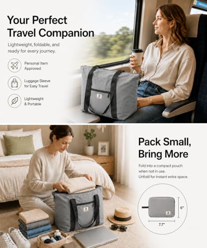 Foldable Travel Bag, 26L Lightweight Weekender Duffel, Expandable Second Carry-On Bag for Travel & Shopping, Water-Resistant Personal Item Bag, Gray - color: Gray