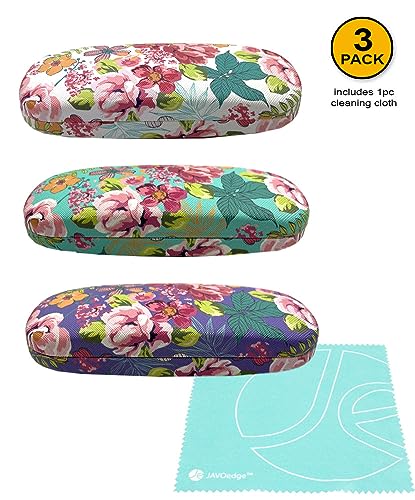 JAVOedge [4 PACK / 3 PACK], Printed Pattern Durable Hard Clamshell Eyeglass Case with Bonus Microfiber Cloth - color: Florals - Style B, size: 3 PACK