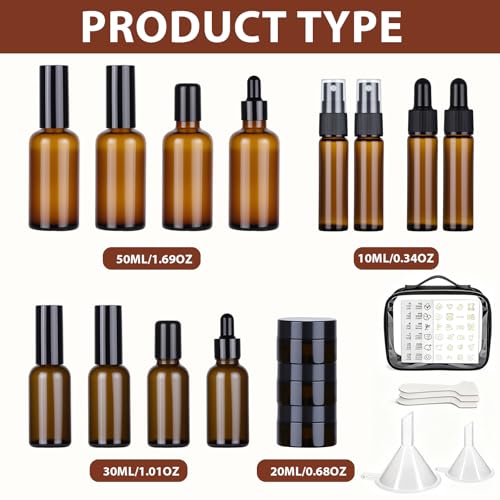 29 Pack TSA Approved Glass Travel Skincare Containers,Toiletry Bag，1.7/1/0.7/0.5/0.3oz Refillable Traveling Size Containers with Pump, Jars & Essential Oil Bottle , Leak-Proof for Creams & Liquids