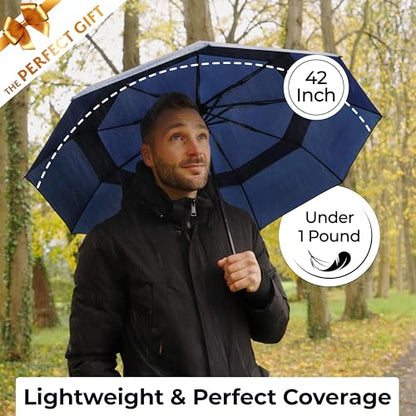 TUMELLA Strongest Windproof Travel Umbrella (Compact, 100MPH Wind-Tested), Light, Portable, One-Handed Use, Automatic Folding Rain Umbrella, Durable, Premium Grip, Fits Car & Backpack - color: 1-pack Navy Blue