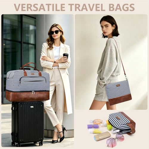 Large Women Travel Weekender Bag: Carry on Duffle with Shoe Compartment - color: Blue Striped
