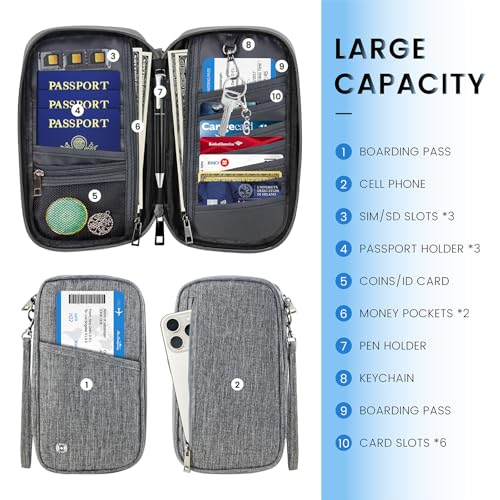 Passport Holder Family, Travel Document Organizer with RFID, Portable Passport Cover Case with Zipper for Cards, Boarding Pass, ID, Money, Tickets (Grey)