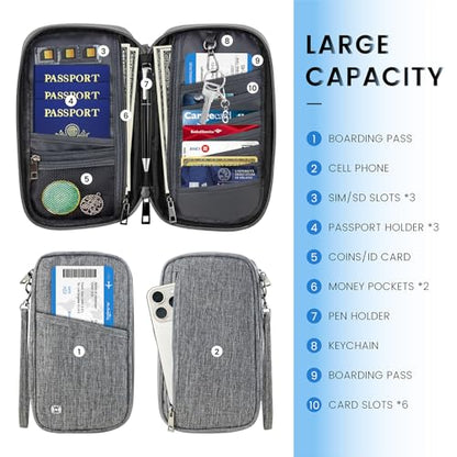 Passport Holder Family, Travel Document Organizer with RFID, Portable Passport Cover Case with Zipper for Cards, Boarding Pass, ID, Money, Tickets (Grey)