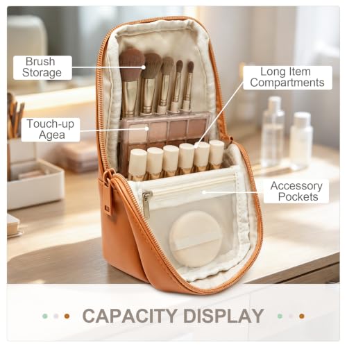 Standing Travel Makeup Brush Bag, Small Brush Holder Cosmetic Bag, Brown - color: Brown, size: S