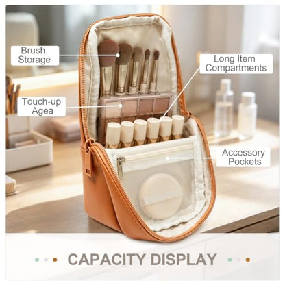 Standing Travel Makeup Brush Bag, Small Brush Holder Cosmetic Bag, Brown - color: Brown, size: S