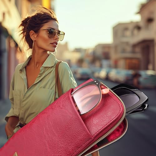 Soft Double Glasses Case, Portable Zipper Sunglasses Sleeve, Dual Eyeglasses Holder Pouch & Cloth Men Women - color: Burgundy