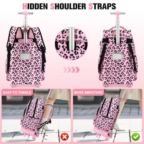 ACESAK Rolling Backpack for Girls with Lunch Bag & Pencil Pouch - color: Pink Leopard