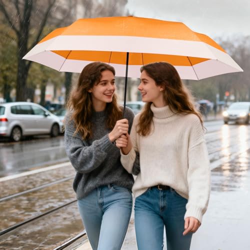 Large Golf Umbrella 54 Inch Compact Folding Auto Close Wood Handle Rain - color: Orange