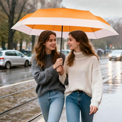 Large Golf Umbrella 54 Inch Compact Folding Auto Close Wood Handle Rain - color: Orange