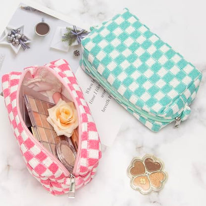 PAZIMIIK Checkered Makeup Bag for Purse, Small Travel Cosmetic Pouch,Pink - color: Pink